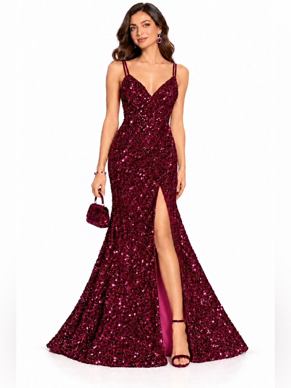 Cefian SZ S Sparkling Burgundy/red Sequin Evening Gown W/32” slit/halter back